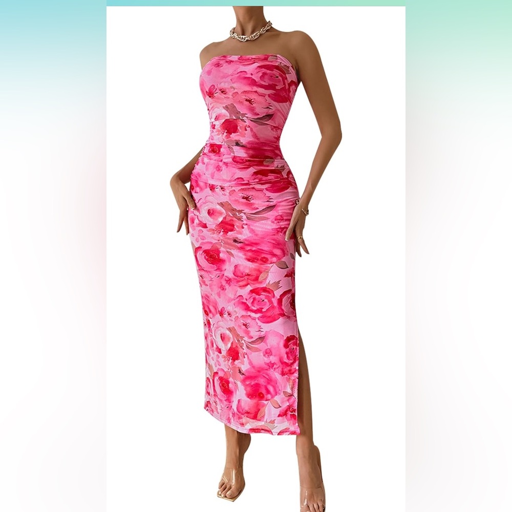Floral pink maxi tube top dress